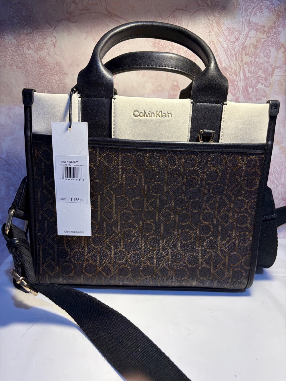 Calvin Klein Brown & Cream Monogram Tote with Black Handles